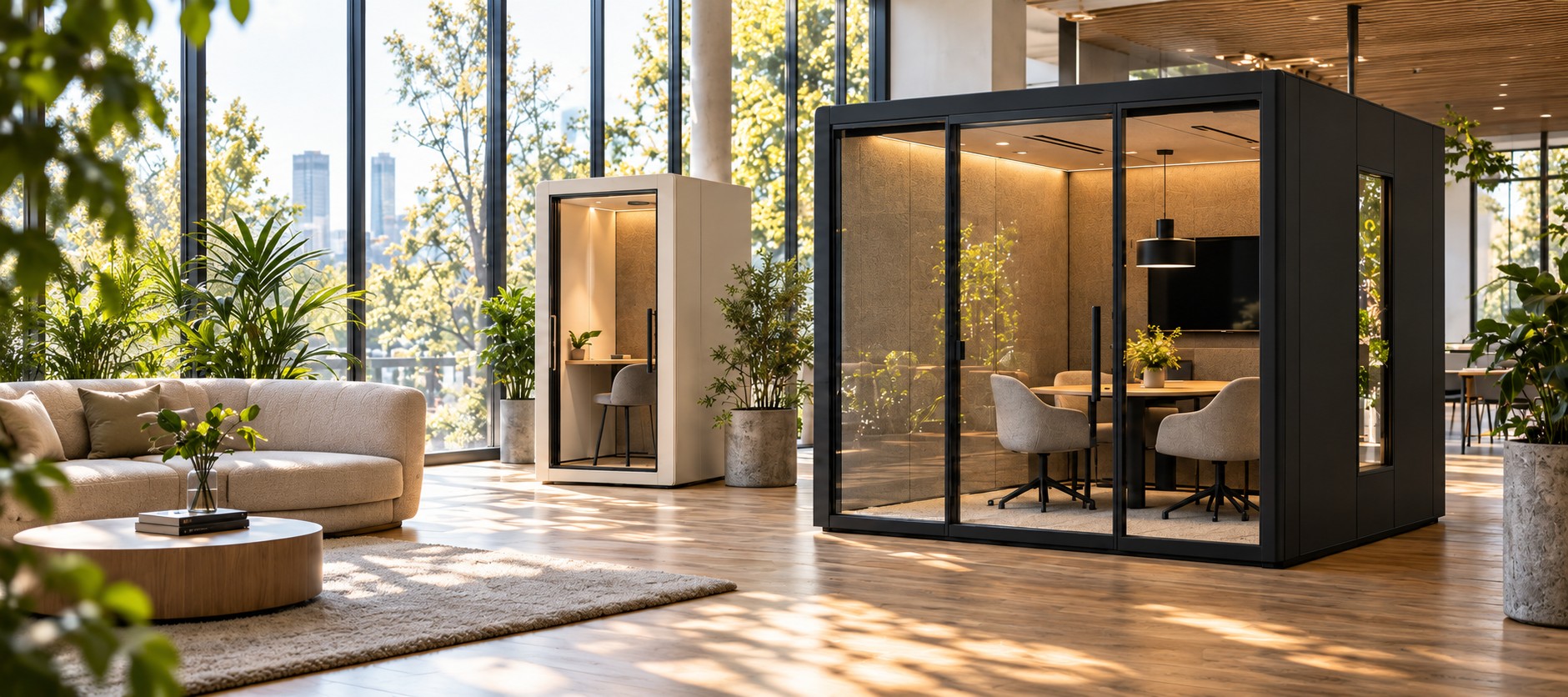 Espacio de trabajo luminoso con un concepto de cabina acústica