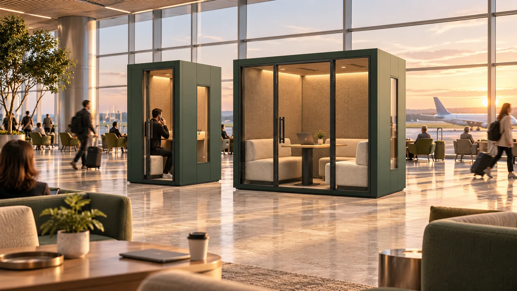Concepto arquitectónico de aeropuertos y viajes con cabinas de trabajo de estilo ModulPods