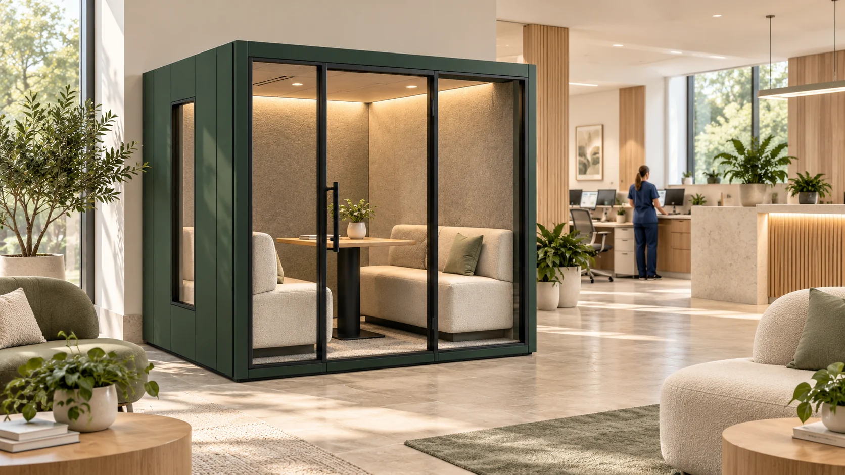 Concepto arquitectónico de entornos sanitarios con cabinas de trabajo de estilo ModulPods