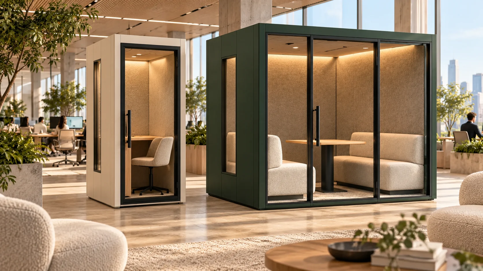 Concepto arquitectónico de espacios de trabajo con cabinas de estilo ModulPods